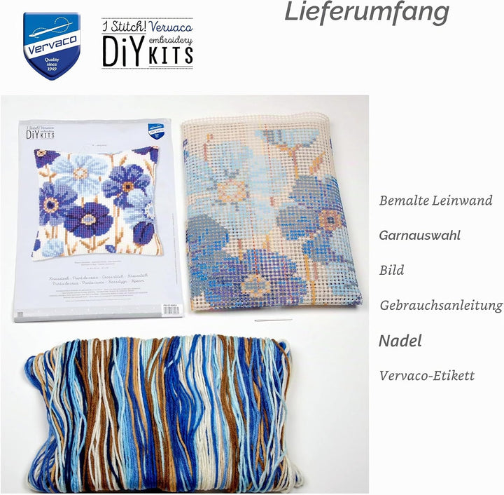 Vervaco VER Kreuzstichkissen Anemonen in Blau, Baumwolle, Mehrfarbig, 40 x 40 x 0.3 cm