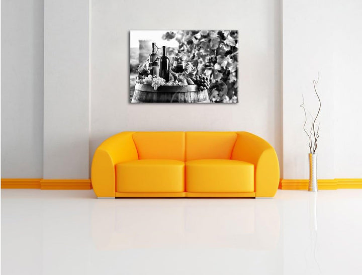 Pixxprint Monocrome, Weintrauben am Fass, Format: 100x70 auf Leinwand, 100x70