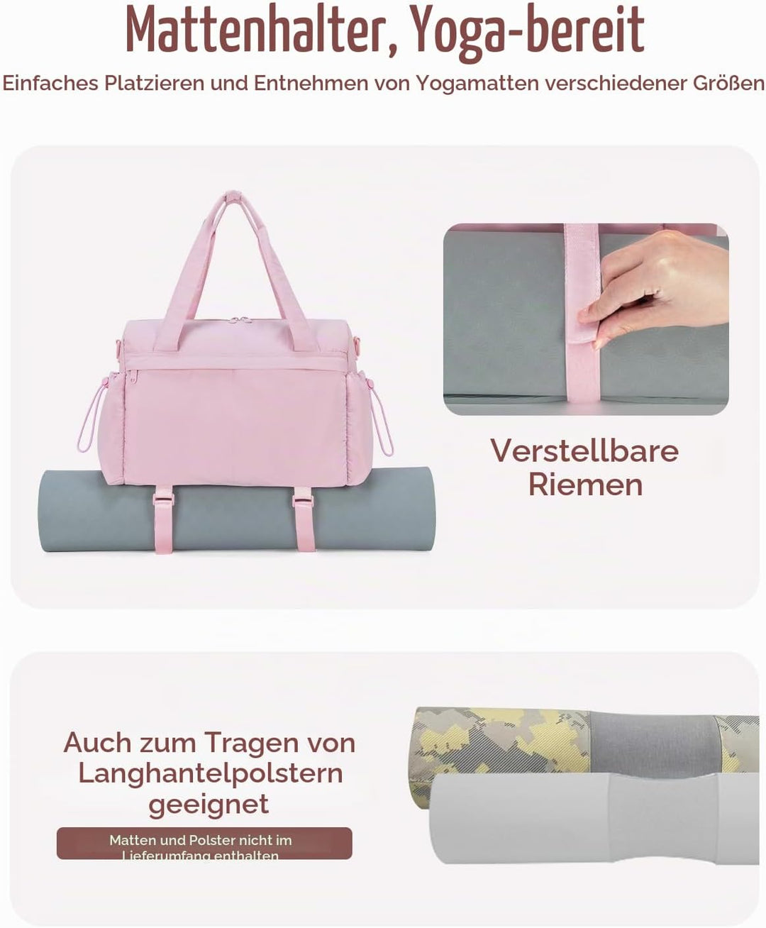 Sporttasche Damen Klein mit Nassfach Yogatasche für Matte, Rosa gesteppt | Yoga-Mattenhalter, verste