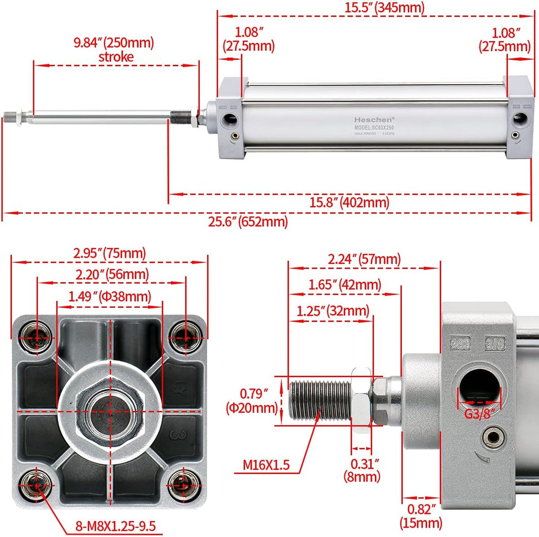 Heschen Pneumatischer Standard-Luftdruckzylinder, SC 63-250, PT3/8" Anschluss, 63mm Bohrung, 250mm H