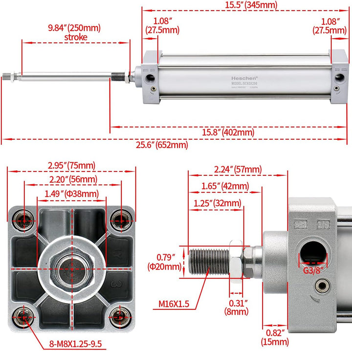 Heschen Pneumatischer Standard-Luftdruckzylinder, SC 63-250, PT3/8" Anschluss, 63mm Bohrung, 250mm H