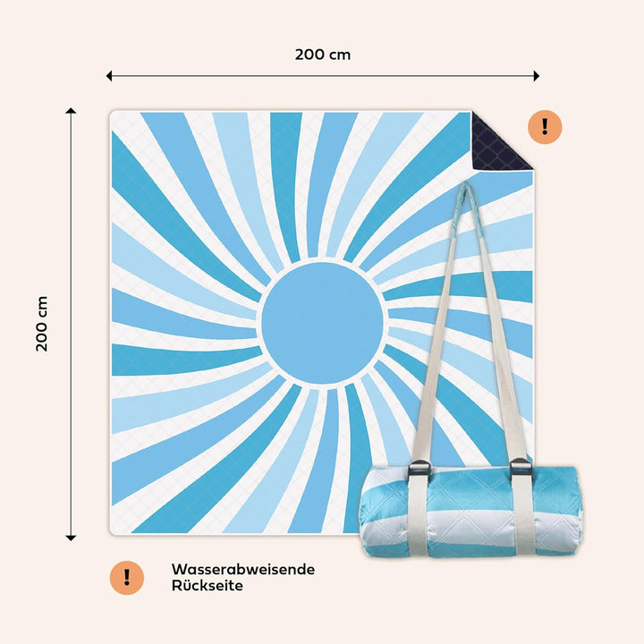 Picknickdecken (Sonne Blau) - extra grosse Picknickdecke 200x200 cm - waschbare Campingdecke - Stran