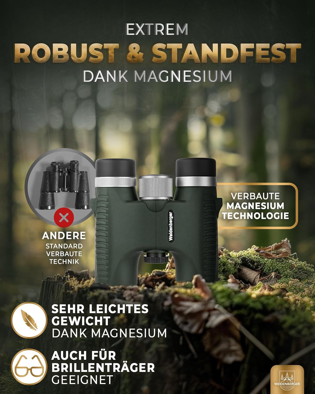 Weidenberger Fernglas 10x26, [TESTSIEGER] Magnesium Fernglas mit Nitrogenfüllung und wasserdicht, Fe