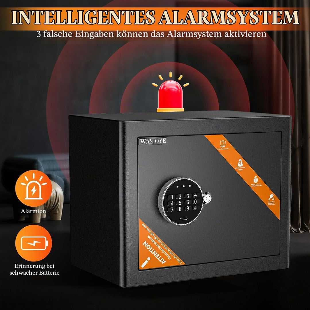 WASJOYE 25L Tresor Safe mit Zahlenschloss, Möbeltresor mit Schlüssel Elektronischem, Digital Geldkas