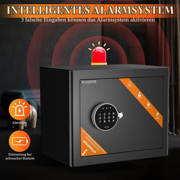 WASJOYE 25L Tresor Safe mit Zahlenschloss, Möbeltresor mit Schlüssel Elektronischem, Digital Geldkas