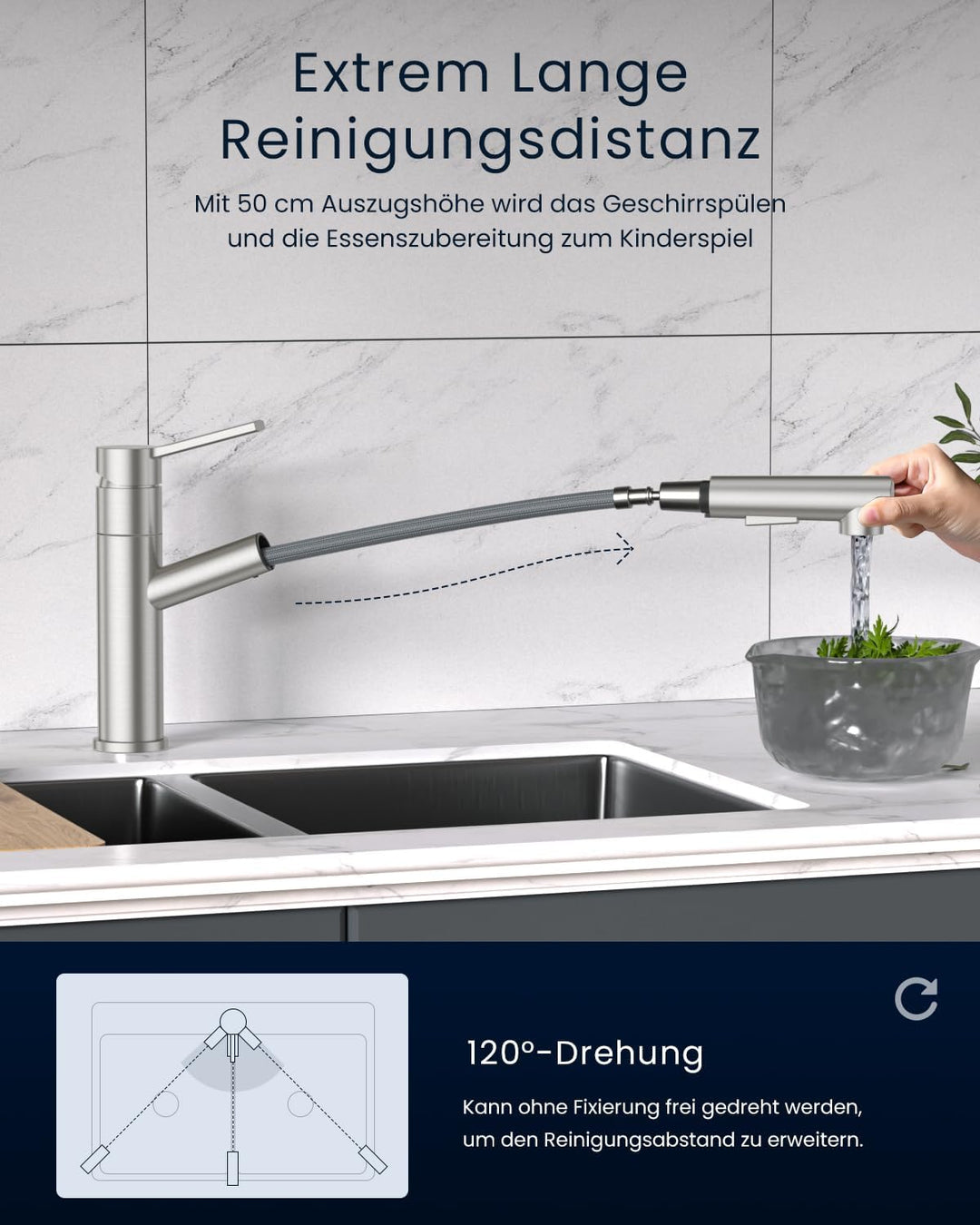 DAYONE Küchenarmatur mit Ausziehbarer Brause, SUS304 Edelstahl Hochdruck Wasserhahn Küche, Spültisch