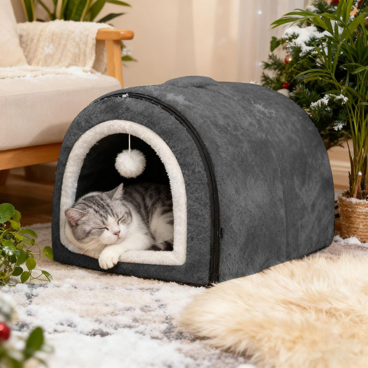 Beheiztes Katzenbett Katzenhöhle, Abnehmbare Halb-Umschliessende Nestform mit Gewölbtem Dach & Tempe