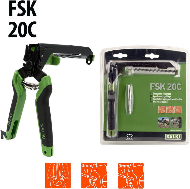 SALKI Heftklammer-Set mit Ladegerät FSK20C - Zaunzange mit eingebautem Drahtschneider + Blister mit