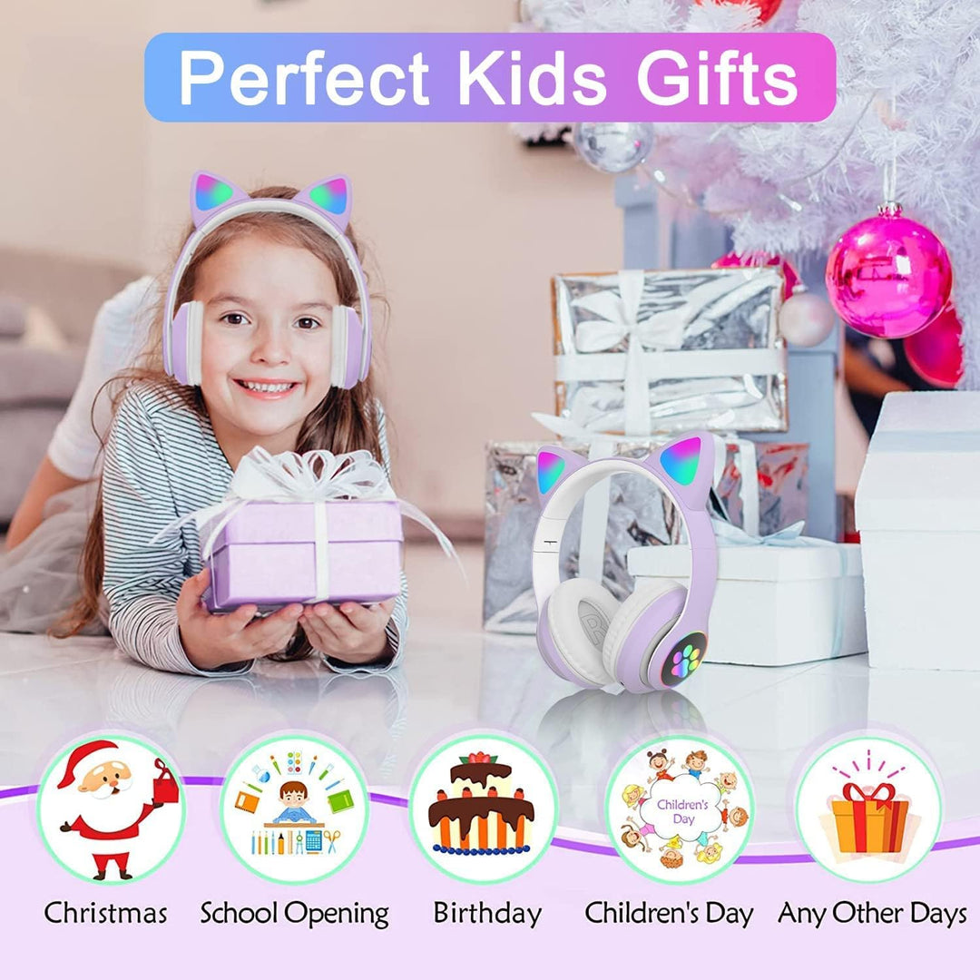 Bluetooth kopfhörer Kinder,Mädchen Katzenohr Kopfhörer Over-Ear mit LED-licht Faltbare Stereo Kopfhö