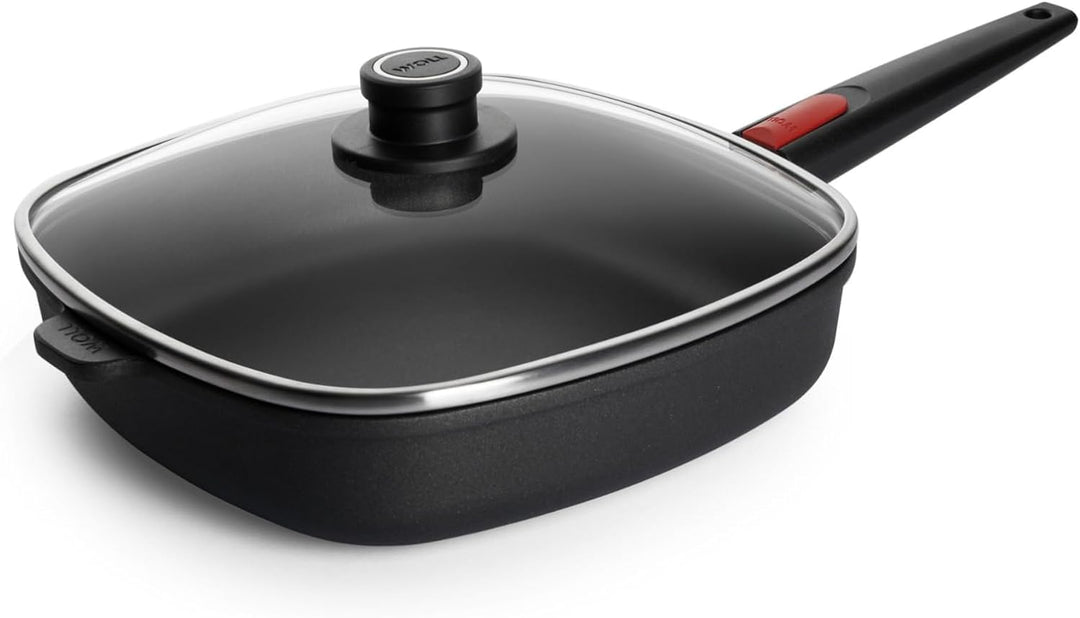 WOLL Set: nowo Titanium Gusspfanne, viereckig 28 x 28 cm, 6,5 cm hoher Rand, mit abnehmbarem Stiel,