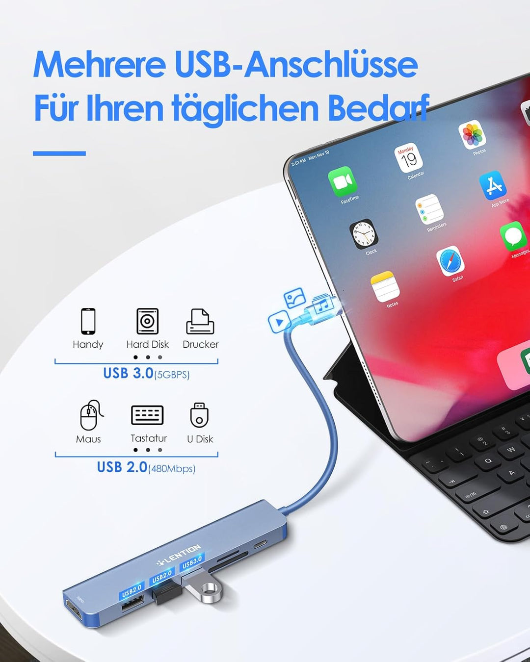 LENTION USB C Hub 100W PD Aufladung, 4K@60Hz HDMI, SD/TF Kartenleser, USB 3.0, Adapter USB C auf USB