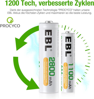 EBL AA AAA Akku Pack 24 Stück - AA Akku 2800mAh 12 Stück mit AAA Akku 1100mAh 12 Stück, 1,2V NI-MH w
