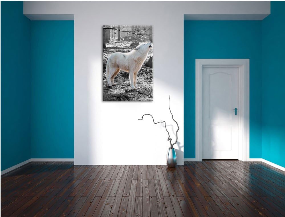 weisser jaulender Wolf im Wald schwarz/weiss Format: 100x70 auf Leinwand, XXL riesige Bilder fertig