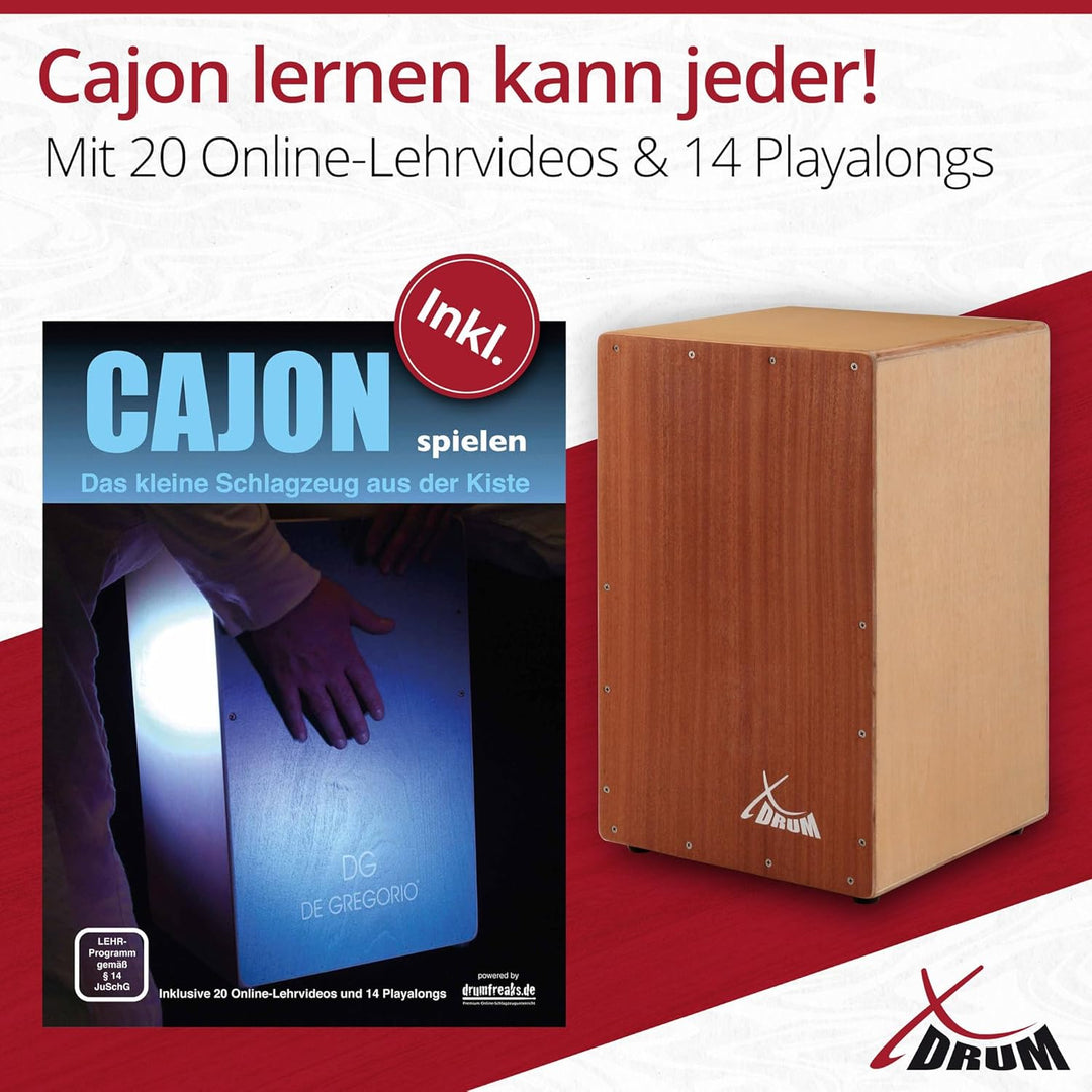 XDrum Cajon Primero Sapeli - Kistentrommel inkl. Rucksacktasche und Schule - Trommelkiste mit Snare