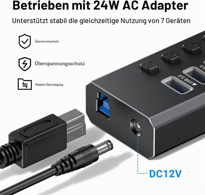USB-3.0-Hub-betrieben, Aluminium, 7 USB-Ports, SuperSpeed-Daten-Hub mit 12 V/2 A Netzteil und indivi