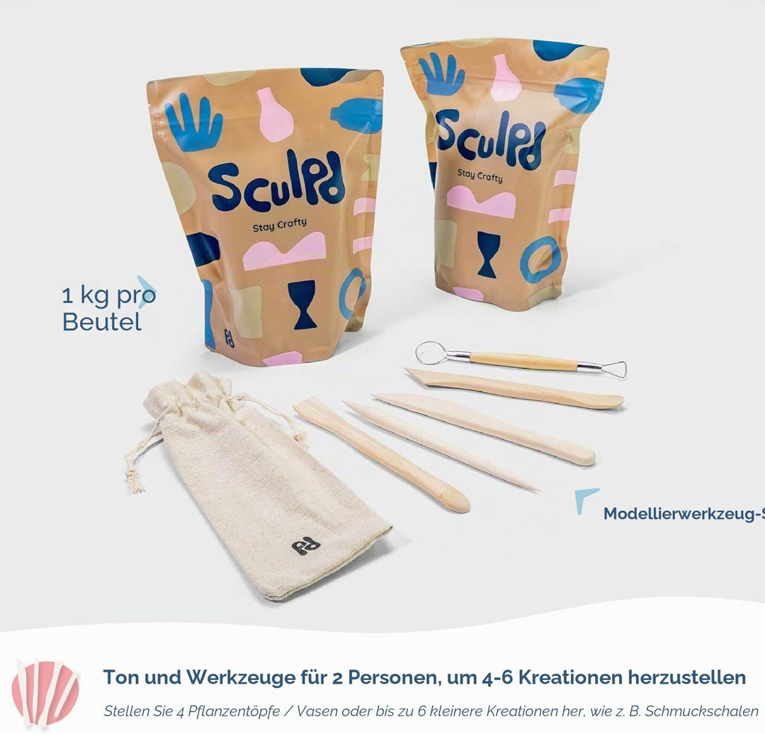 Sculpd Töpferei-Set, lufttrocknender Ton, Starter-Set für Anfänger mit Glanzlack, Töpferset beinhalt