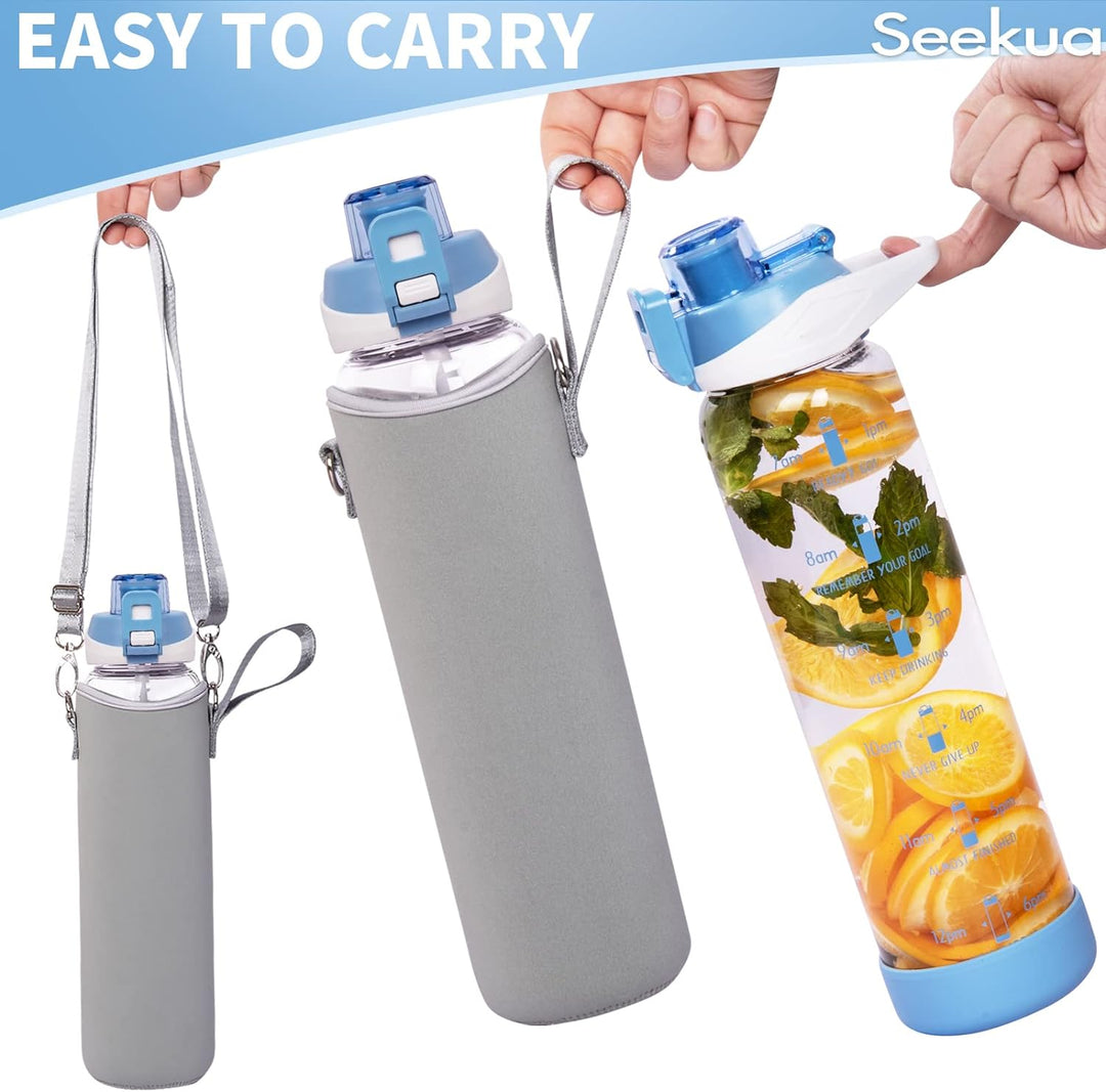 Seekua 1l Sport Trinkflasche Glas Flasche mit Strohhalm & Zeitmarkierung auslaufsicher bpa frei 1 li