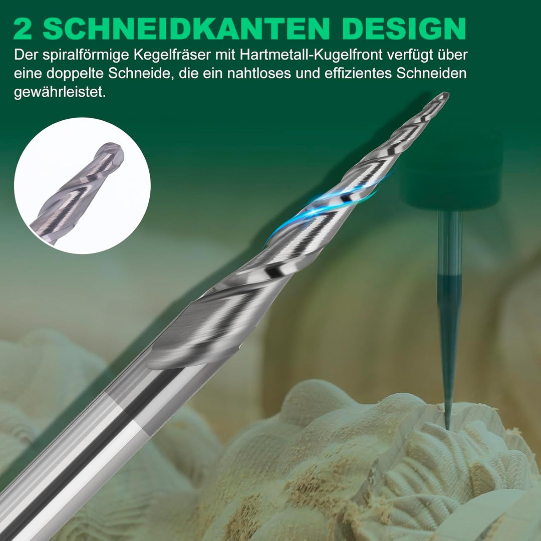 5 Stück Kugelkopffräser Set 0,25 mm Radius Holz CNC Fräser 3,175mm 1/8 zoll Schaft 2 Flöten Gesamtlä