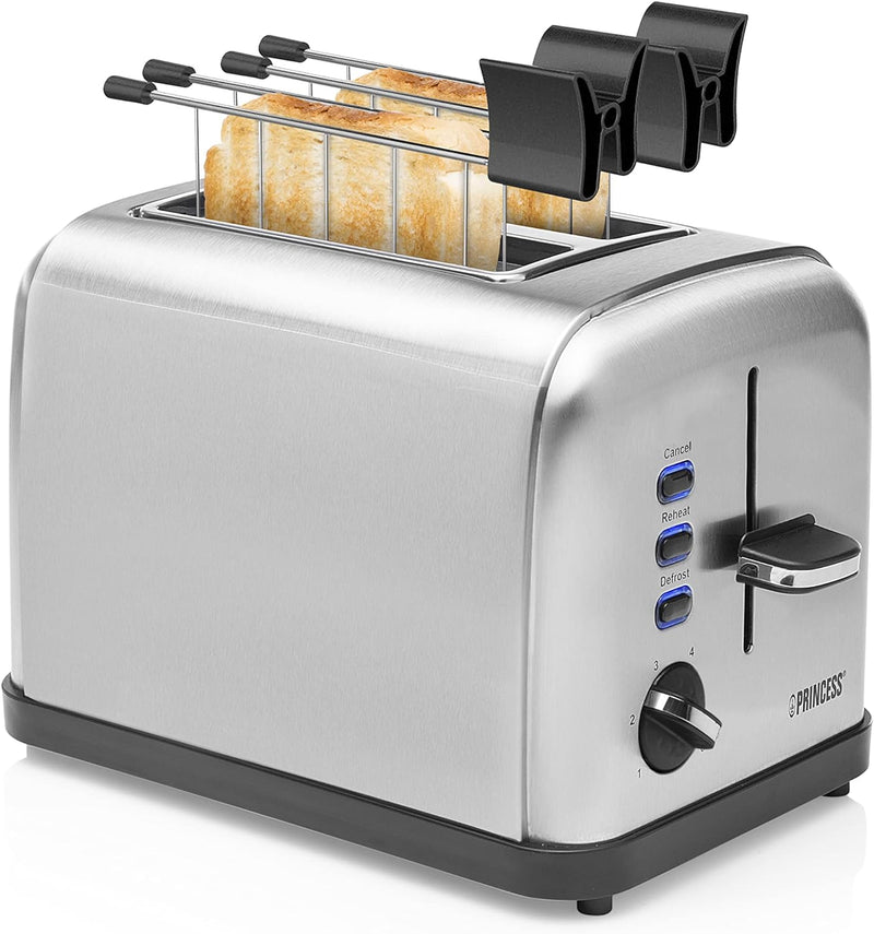 Princess Edelstahl Toaster mit zwei Schlitze – herausnehmbares Krümmelfach - Auftau-, Aufwärm- & Sto