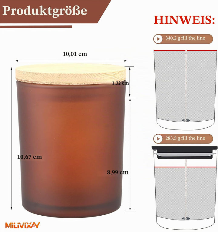 MILIVIXAY 12 Stück 340 g Milchbernsteinfarbene Kerzengläser mit Deckel und Kerzenherstellungs-Sets –