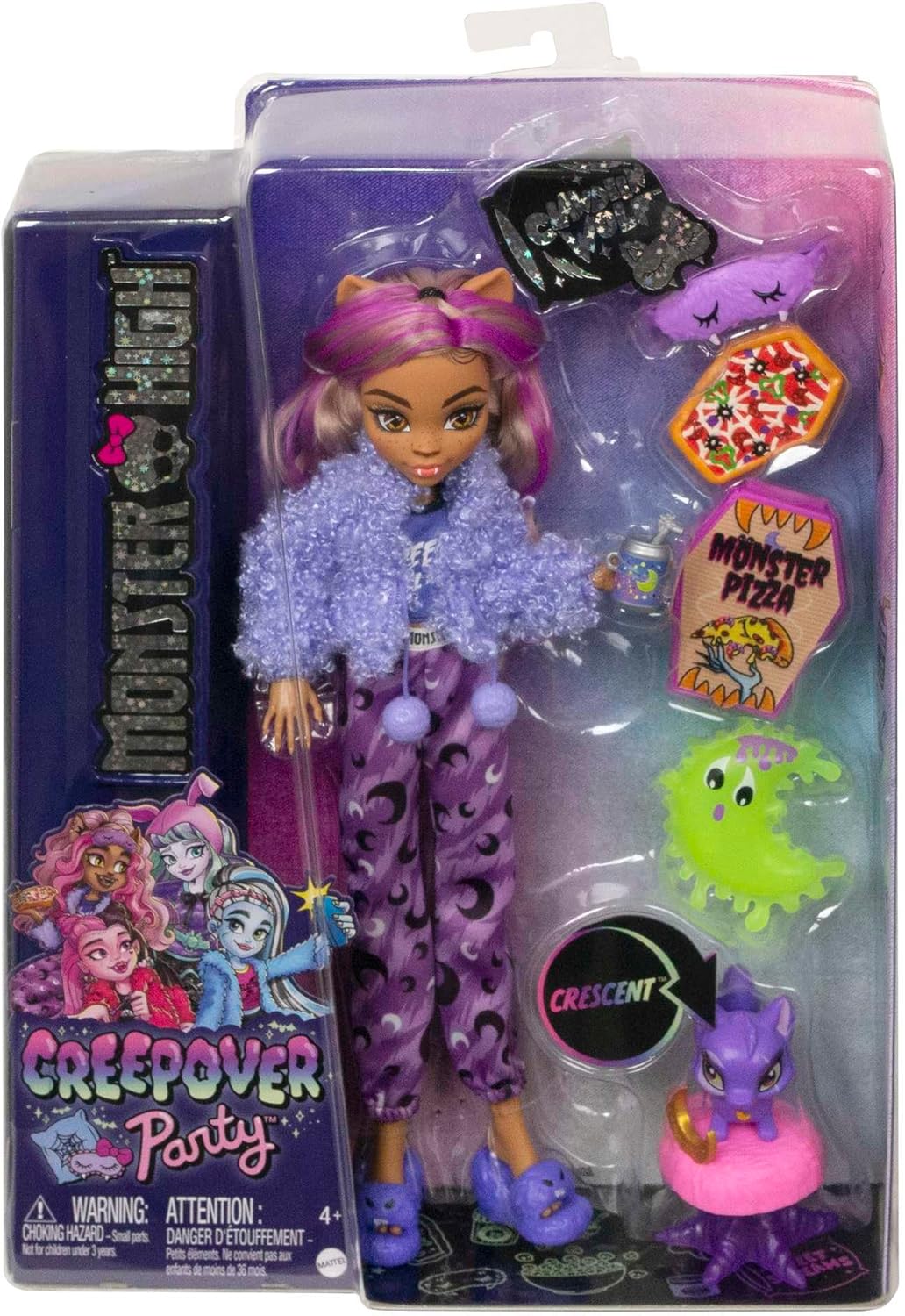 MONSTER HIGH Puppe und Sleepover Zubehör, Clawdeen Wolf Puppe mit Pet Cat Crescent, Creepover Party,