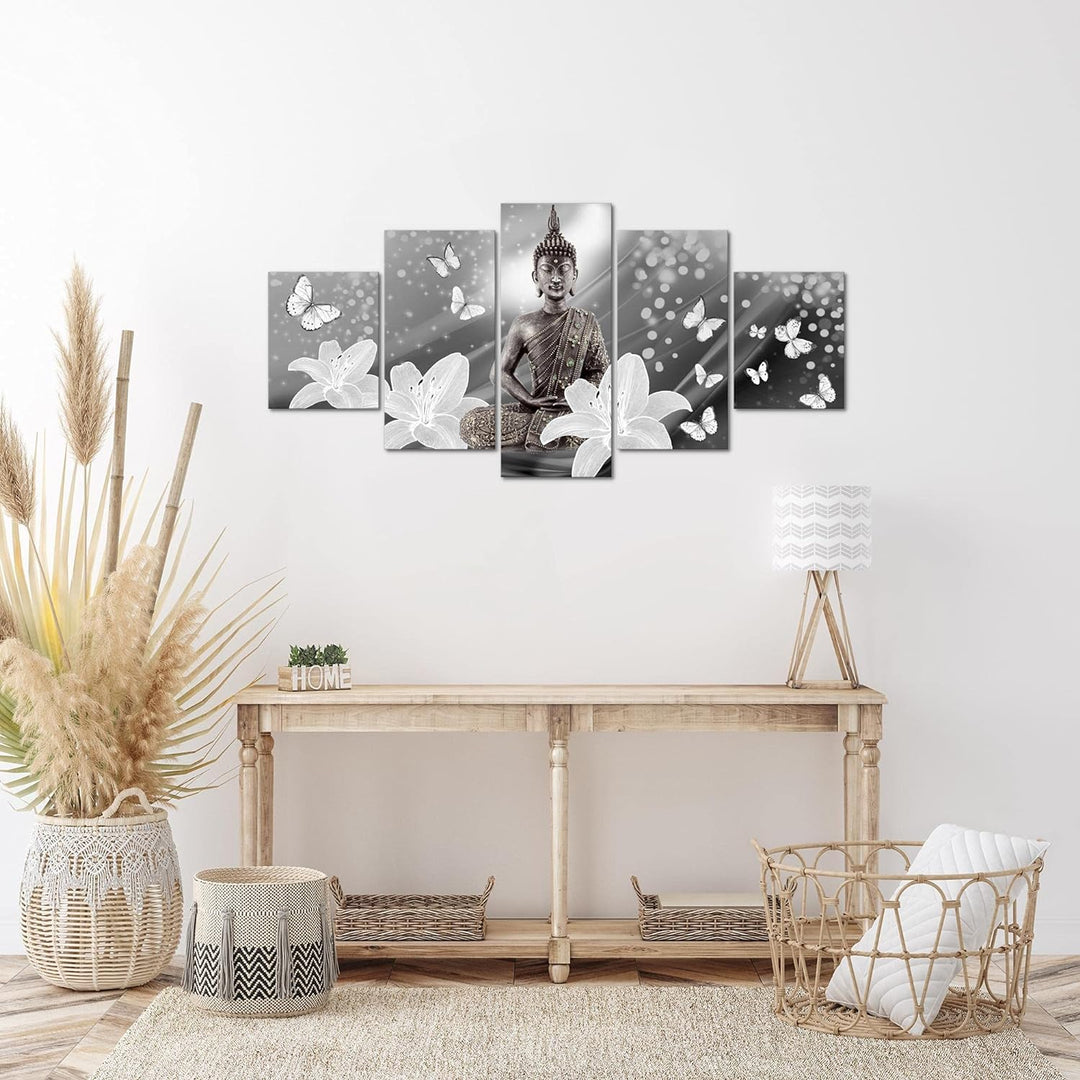 Runa Art Wandbilder Buddha Blumen 5 Teilig Bild auf Vlies Leinwand Deko Wohnzimmer Schmetterling Sch