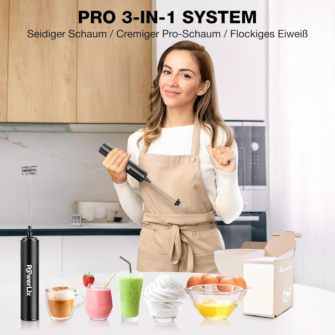 POWERLIX Pro 3-in-1 Elektrischer Milchschäumer Handheld - USB-C Wiederaufladbar, 10.000 U/min Schnel