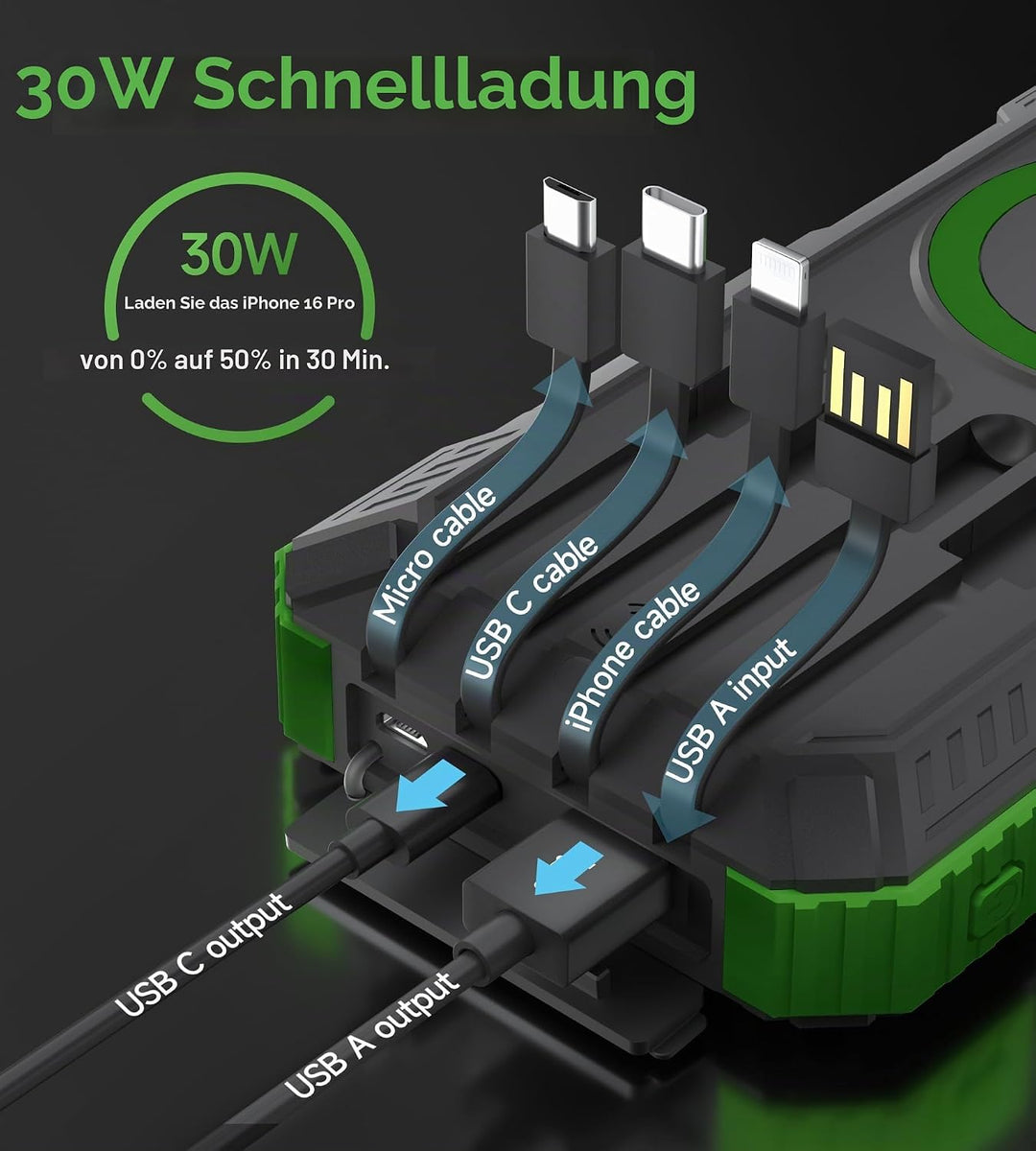 56800mAh Solar Powerbank, Wireless Power Bank gross mit 4 Kabeln, 30W PD Schnellladefunktion, 6 Ausg