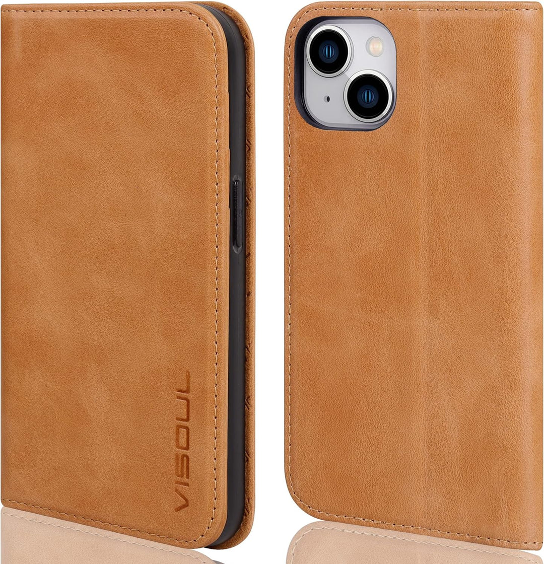 VISOUL iPhone 14 Plus Hülle, Stossfeste Handyhülle [Erstklassiges Rindsleder], TPU Schutzhülle [Kart