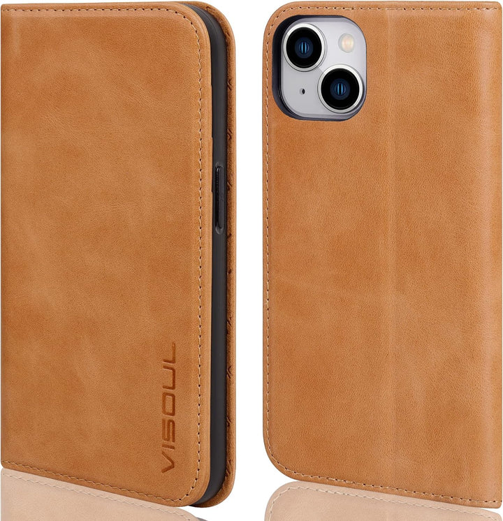 VISOUL iPhone 14 Plus Hülle, Stossfeste Handyhülle [Erstklassiges Rindsleder], TPU Schutzhülle [Kart