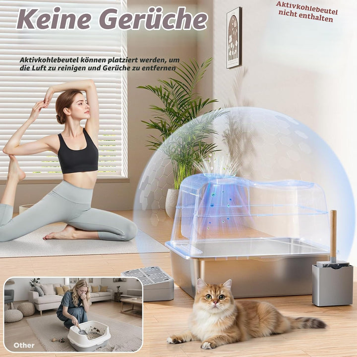XXL Edelstahl Katzenklo mit Deckel, 110° Flip-Cover Design Geschlossen Katzentoilette aus Edelstahl,
