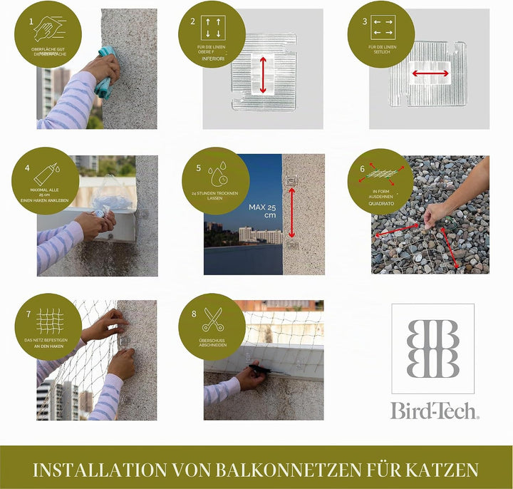Balkonnetz für Katzen und Vögel, 5 x 5 m + 50 FastNet + 1 Tube, Silikon