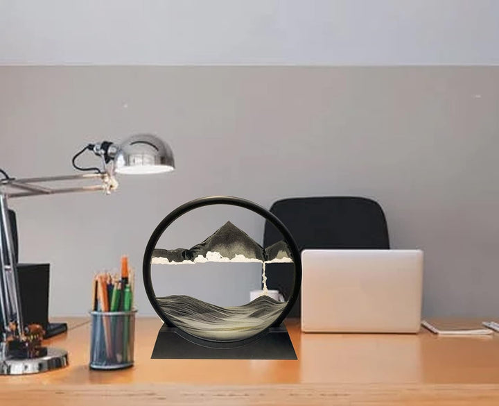 Dynamisch 3D Sandbilder zum Drehen, Fliessende Sandmalerei runder Glas Rahmen, Bewegtes Sandbild Nat