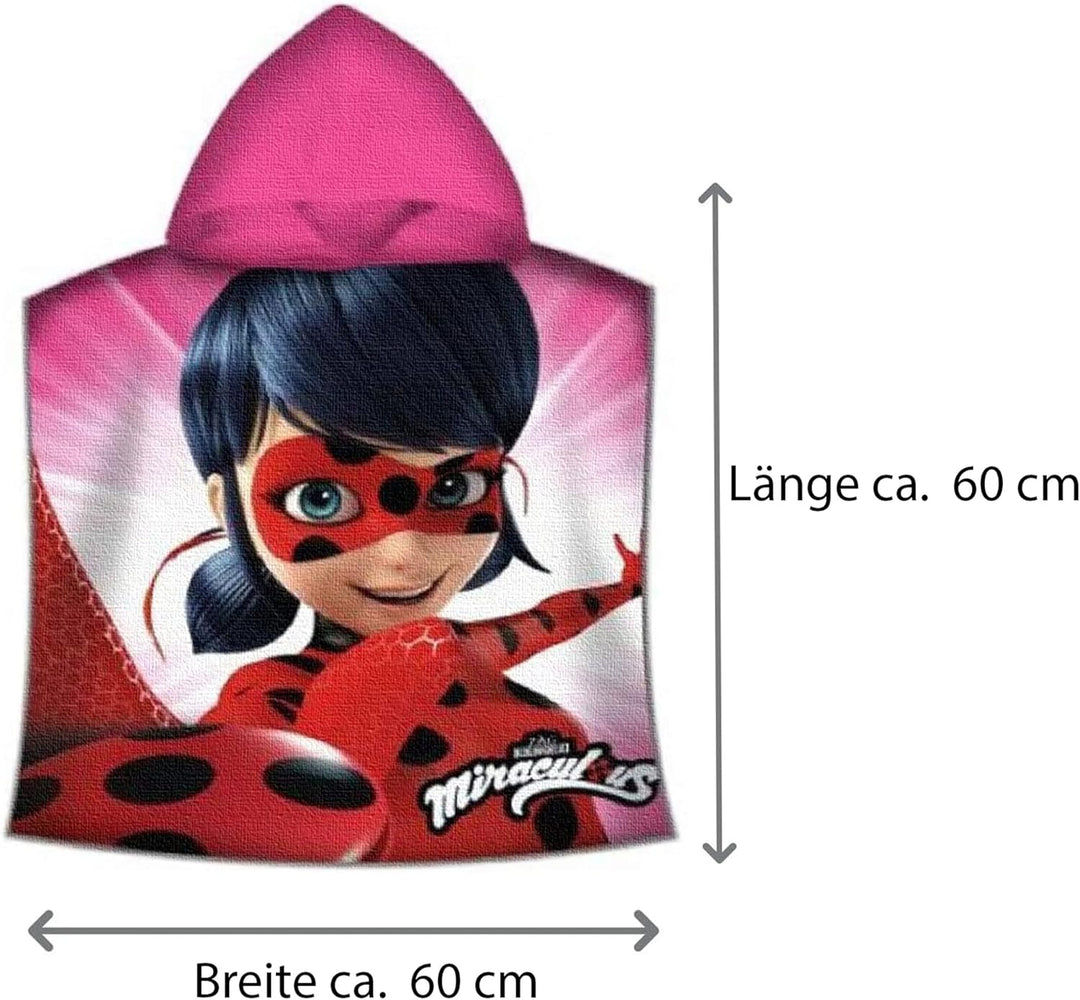 Miraculous Ladybug Kinder-Kapuzen-Bade-Poncho Pink 60 x 120 cm 100% Baumwolle Veloursqualität Pareo
