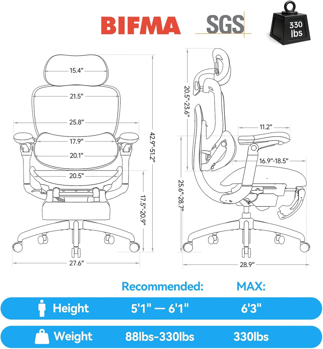 SIHOO Doro C300 V2 Ergonomischer Bürostuhl mit Fussstütze, Netz-Schreibtischstuhl mit 8D-Armlehnen,
