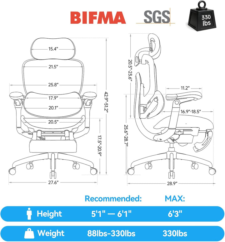 SIHOO Doro C300 V2 Ergonomischer Bürostuhl mit Fussstütze, Netz-Schreibtischstuhl mit 8D-Armlehnen,