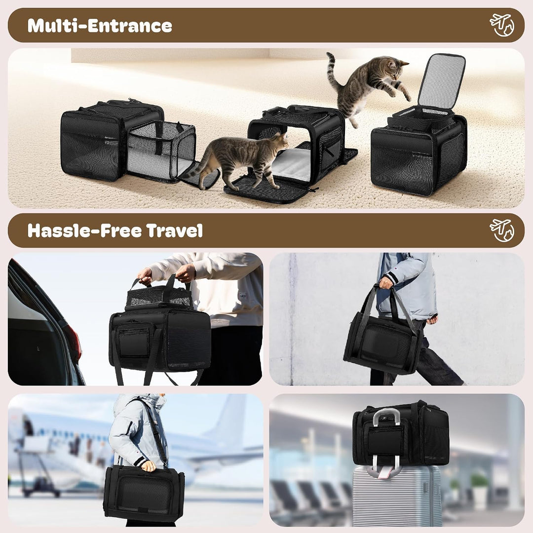 Top and 2 Sides Expandable Pet Carrier 17x11x9.5, TSA Airline Approved Small Dog Carrier for Small D