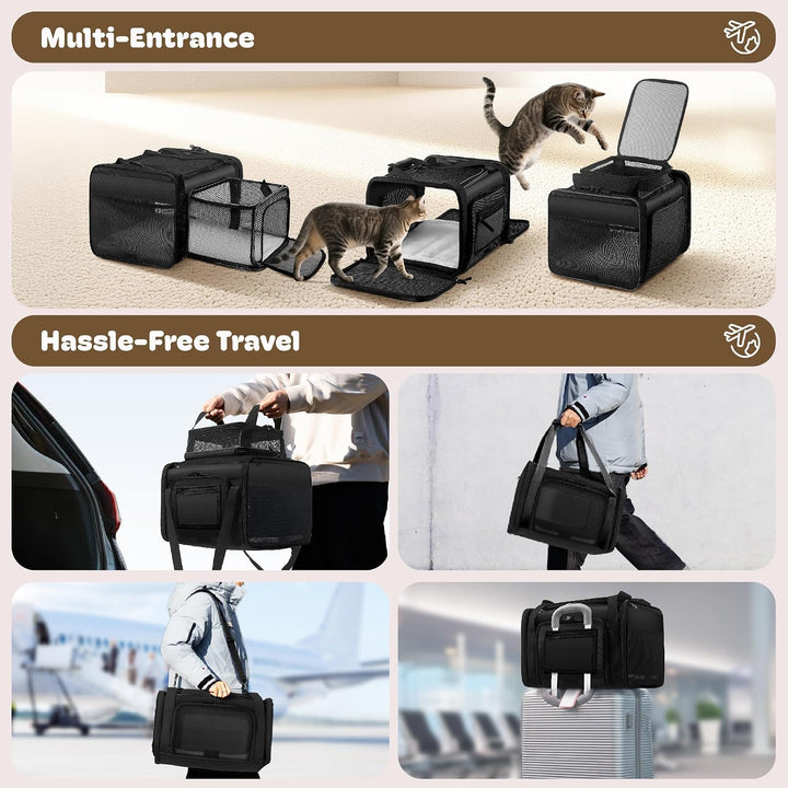 Top and 2 Sides Expandable Pet Carrier 17x11x9.5, TSA Airline Approved Small Dog Carrier for Small D