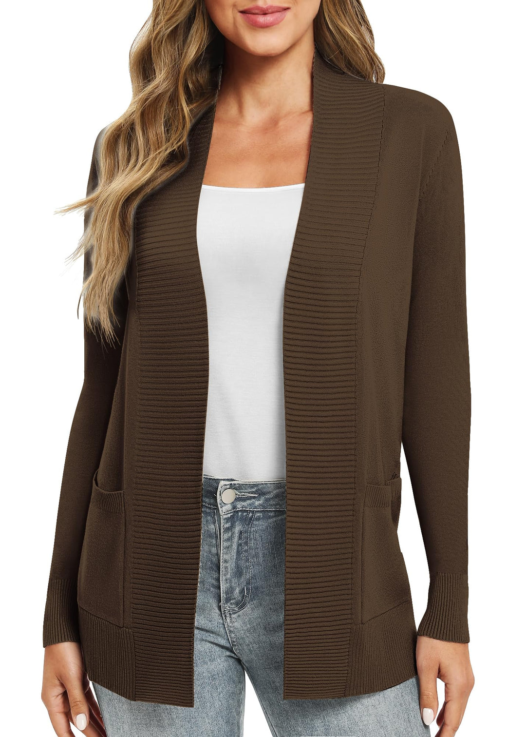 EXCHIC Leicht Damen Lange Ärmel V-Ausschnitt Lange Gestrickt Cardigan Gemütlich Offene Front Strickj