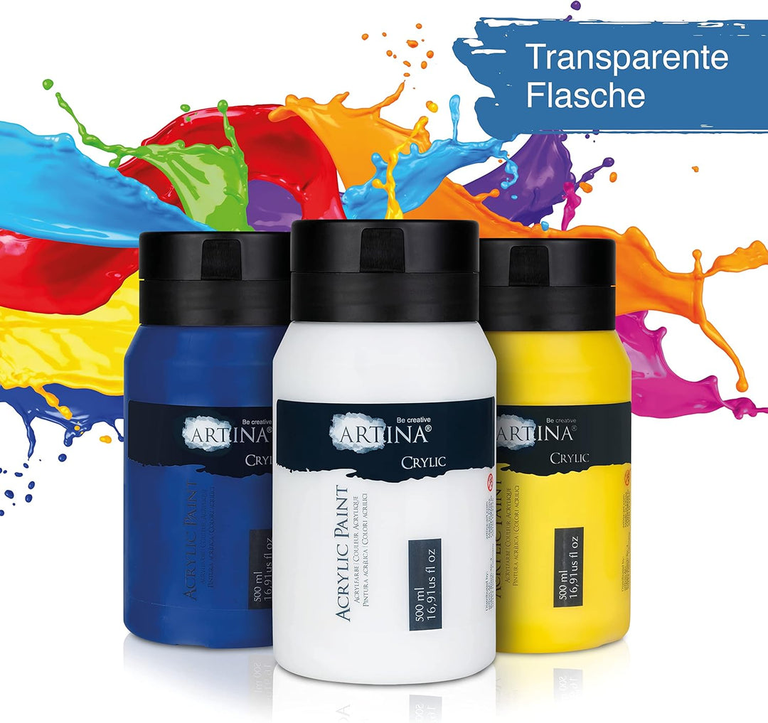 Artina 6er Acrylfarben Set 500ml – Deckende Malfarbe Schnelltrocknende Farbe zum Malen 6x500ml Profi