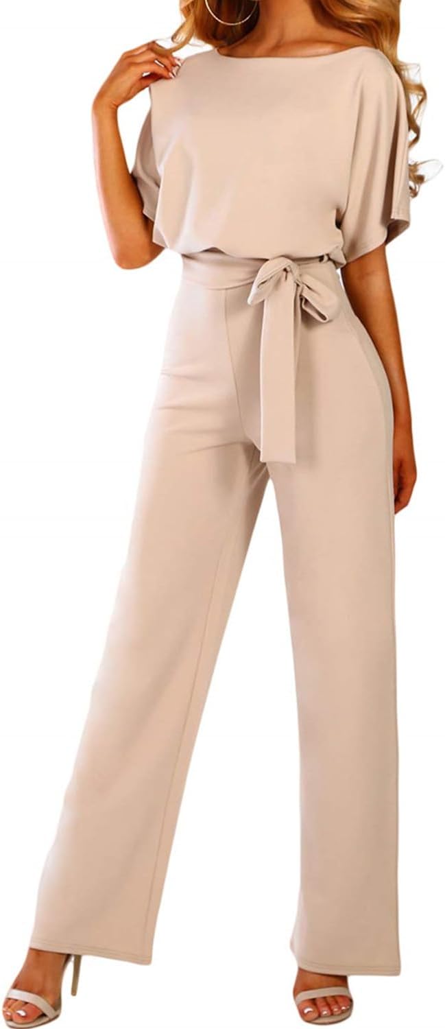 Coloody Damen Lang Jumpsuit Overall Hosenanzug Elegant Romper Kurzarm Rundhals Playsuit mit Gürtel H