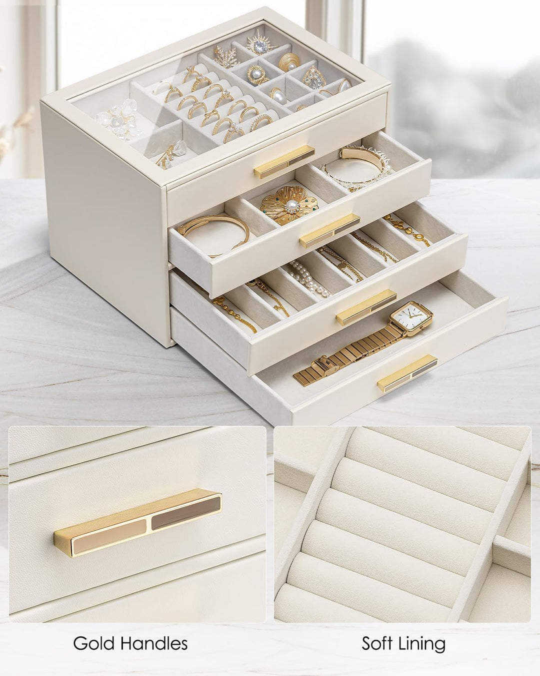 VLANDO Schmuckkästchen Gross, Schmuckkasten mit 4 Ebenen, Schmuck Organizer mit Glasdeckel, 4 Schubl