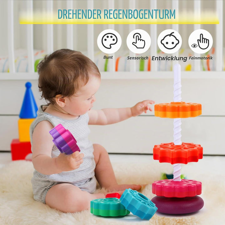 Drehendes Stapelspielzeug – Regenbogen-Turm, stapelbares Spinnspielzeug, Lernspielzeug für Kleinkind