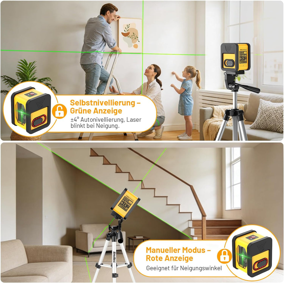 Laser Wasserwaage mit 1m Stativ, 50m Pulsmodus SAVSEC Kreuzlinienlaser Selbstnivellierend, Vertikale