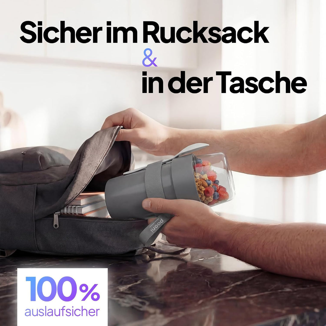 Müslibecher, auslaufsicherer Joghurtbecher to go mit Löffel, für Müsli, Joghurt, Frühstücksbecher au