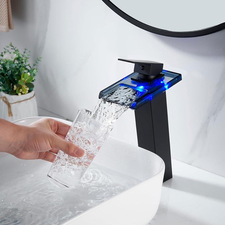 LED Schwarz Wasserfall Wasserhahn, RGB 3 Farbewechsel Waschtischarmatur Einhebelmischer mit Temperat