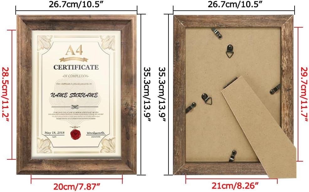 PETAFLOP Rustikaler Bilderrahmen A4 (21 x 29,7 CM) 2er Set, Wand- und Tischbilderrahmen, Braun, A4