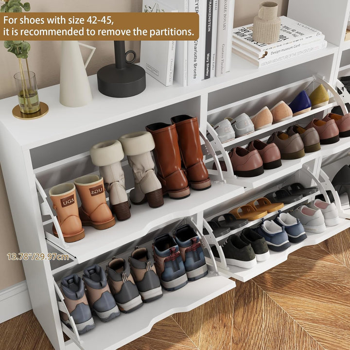 VOWNER Schuhschrank mit 4 Klappen, Schuhschrank Weiss, Schmaler Schuhregal, mit 8 Fächern, Schuhabla