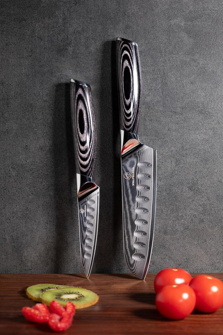 Wolfblood PRO 2er Damastmesser Set L (23cm und 19cm) TÜV geprüfter 62 HRC Damaststahl aus 67 Lagen I