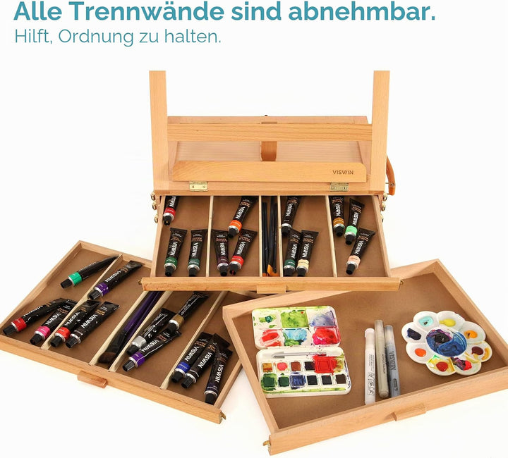 VISWIN Verstellbare Tischstaffelei mit 3 Schubladen, hochwertiger Tischstaffelei aus Buchenholz, tra